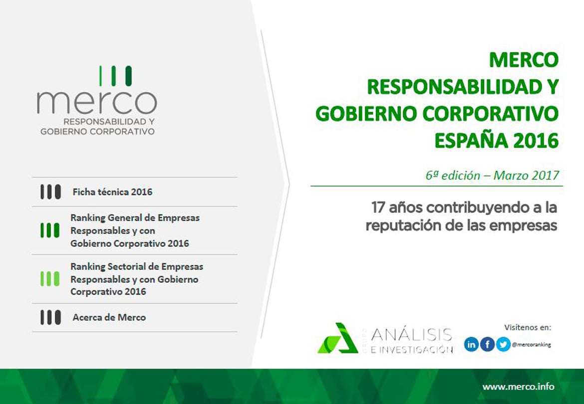 Home page of the Merco Ranking of Responsibility and Corporate Governance Spain 2016