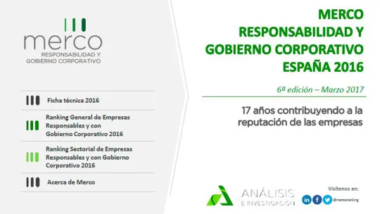 Home page of the Merco Ranking of Responsibility and Corporate Governance Spain 2016
